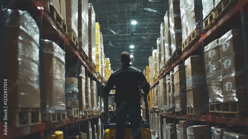 Fototapeta premium Warehouse Worker Operating Forklift Among Stacked Boxes and Pallets