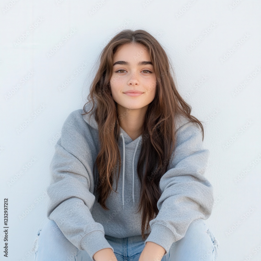 young woman wearing a gray hoodie and jeans young woman wearing a gray hoodie and jeans