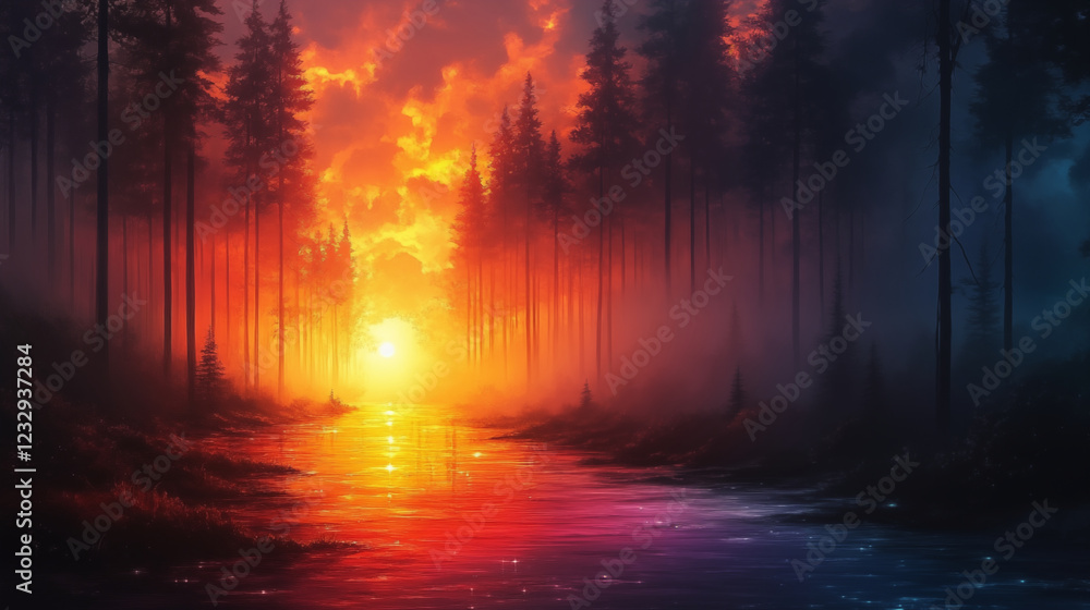 Mystical forest path reflecting golden sunset on water surface, surrounded by tall pine trees creating magical atmosphere. Fantasy nature landscape concept Mystical forest path reflecting golden sunset on water surface, surrounded by tall pine trees creating magical atmosphere. Fantasy nature landscape concept