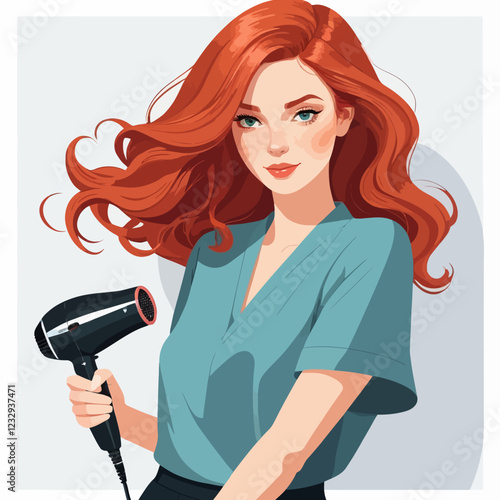 Hair styling woman. Young redheaded girl with hairdryer and hair comb. Shampoo and lotion. Beauty industry and hair care. Aesthetics and elegance. Flat vector illustration isolated on white background