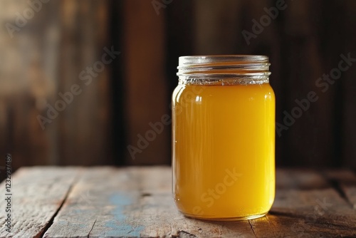 Glass jar with golden liquid resting on rustic wooden table surface