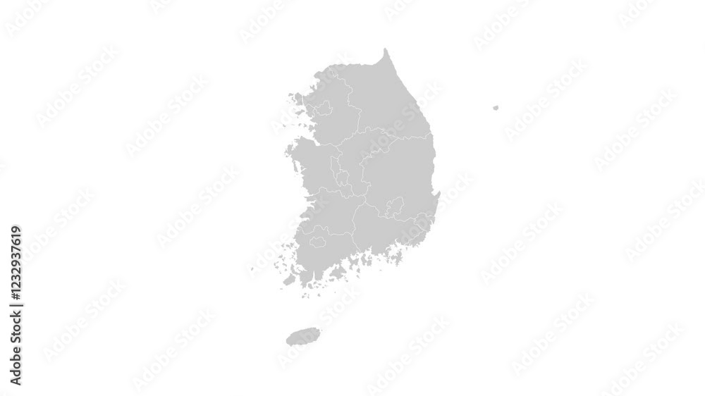 South Korea map animation. Animation of Connecting all areas into a complete map of South Korea with borders in the background with an alpha channel. Motion design.