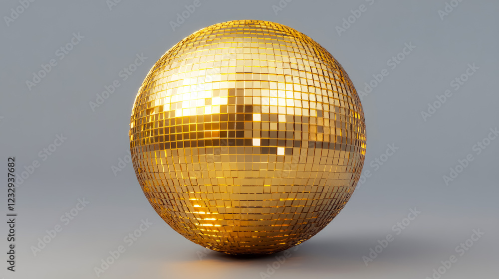 Obraz premium Golden disco ball reflecting light in a professional studio setting with a sleek grey backdrop, evoking a sense of retro glamour and vibrant energy