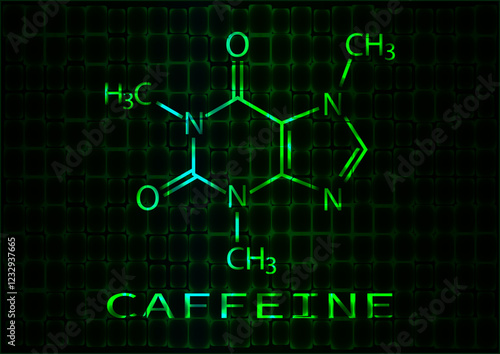 The chemical formula of caffeine. A neon illustration glowing with green light. Vector EPS 10