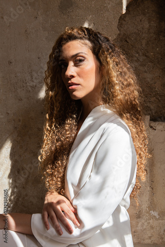 Portrait of a beautiful latin woman with curly blonde hair under natural light