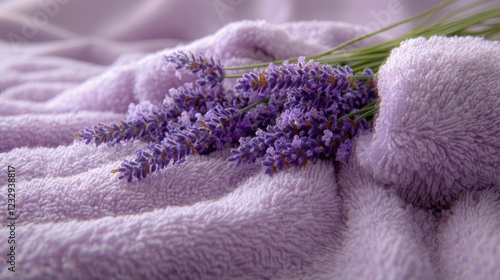 Cozy bedroom setting with fresh lavender and soft towels in natural light