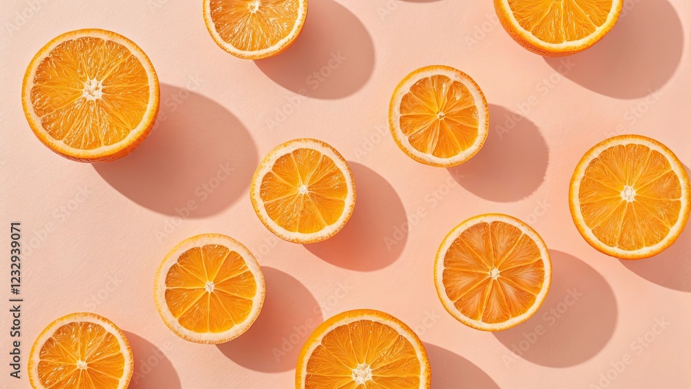Fresh orange slices arranged on a pastel background Fresh orange slices arranged on a pastel background