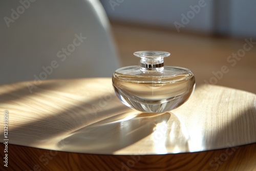 Elegant glass container reflecting light on wooden surface in serene setting