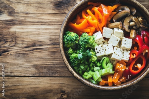 Colorful vegetable bowl with tofu on wooden table during lunchtime for health...