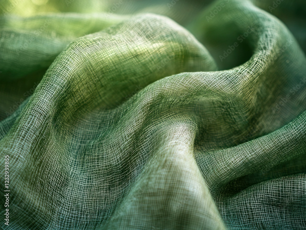 Green sheer fabric draped and flowing with soft sunlight Green sheer fabric draped and flowing with soft sunlight