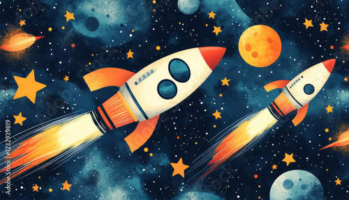 Fototapeta Naklejka Na Ścianę i Meble -  Watercolor painting of spaceships flying through outer space with planets and stars, perfect for children's books or space-themed projects