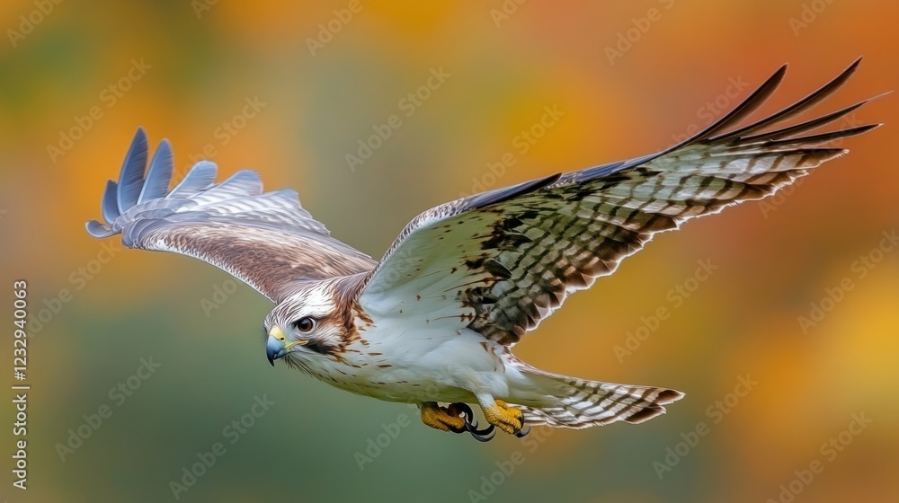 Fototapeta premium Hawk in flight, autumn background, nature scene, wildlife photography