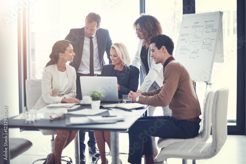 Smile, business and people with laptop for meeting of finance feedback, planning and investment growth. Staff, online and reading email of profit information, brainstorming idea and proposal solution
