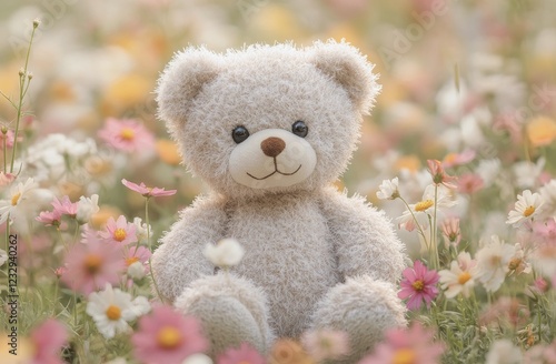 Soft bear resting among colorful flowers in a vibrant meadow during sunny daylight