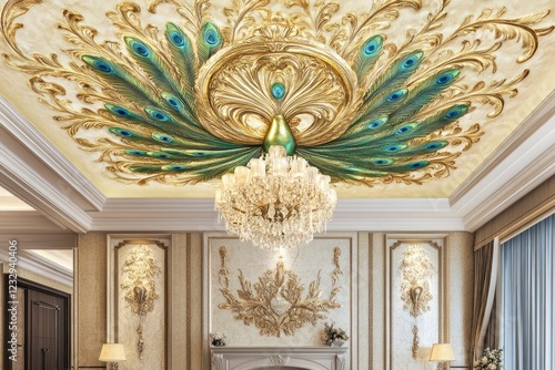 Ornate peacock ceiling design, chandelier, luxury living room photo