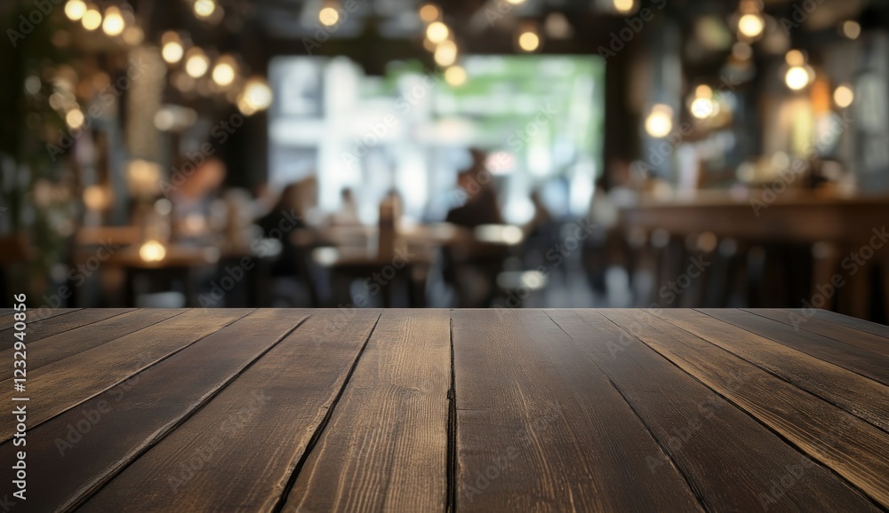 Fototapeta premium Wooden Tabletop in a Blurred Cozy Cafe