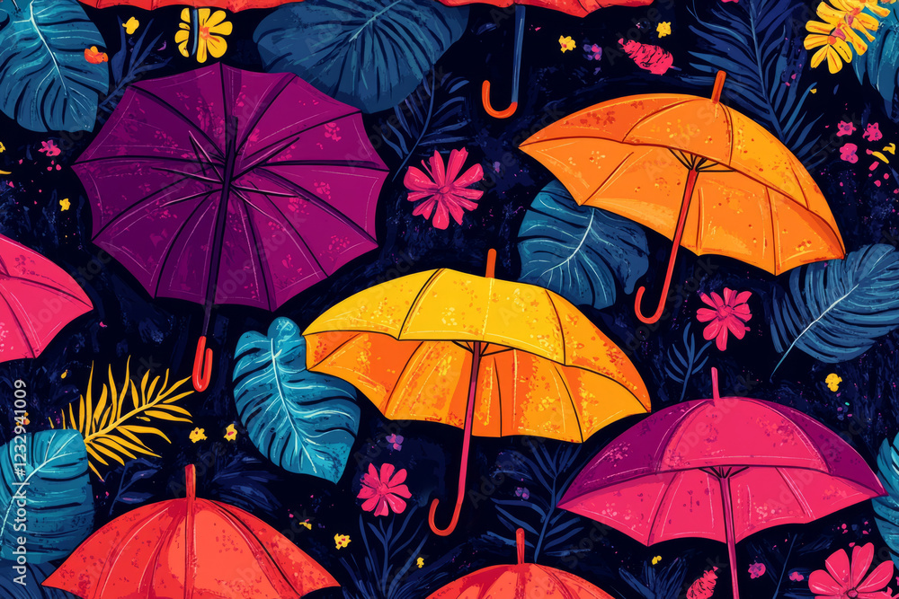 Obraz premium Seamless pattern featuring colorful umbrellas and tropical leaves on a dark background, creating a vibrant and cheerful design