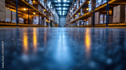 Warehouse floor, aisle, shelves, logistics, inventory, reflection, lighting, distribution, industry, storage