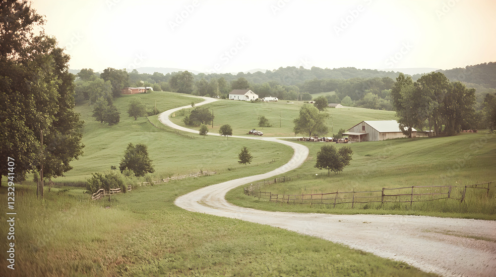 Winding country road, farmhouses, hills, sunset, rural landscape Winding country road, farmhouses, hills, sunset, rural landscape