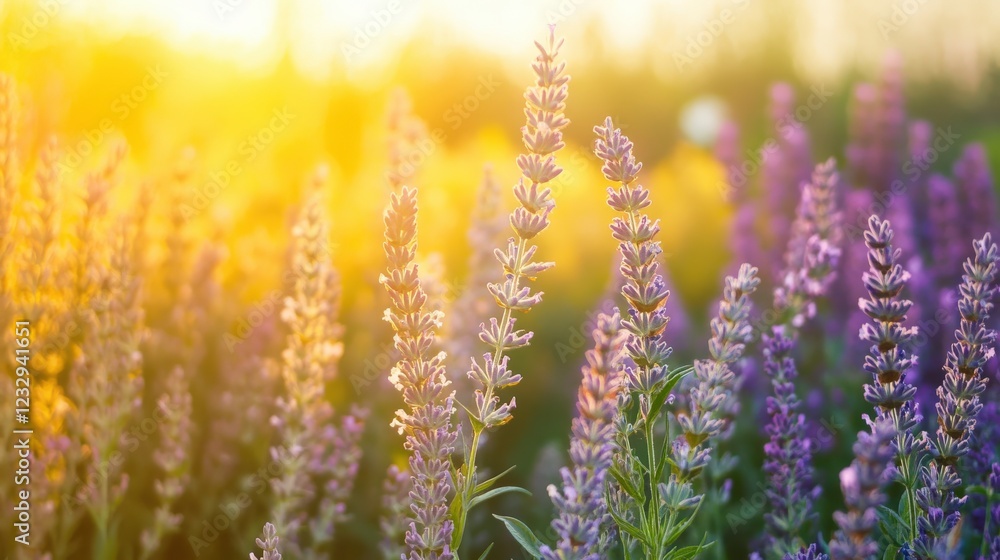 Obraz premium Lavender Flowers Blooming in Golden Sunlight