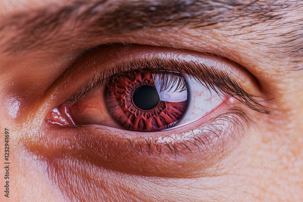 Obraz premium Close-up of a mana??s rich burgundy-brown eye, with fine textures and sharp patterns in the iris, captured in