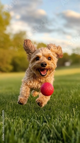 Excitable dog running in a grassy field while chasing a bright red ball