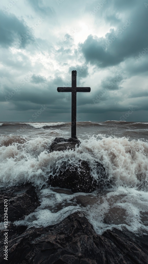 Cross on a rock surrounded by turbulent waves at sunset near the shoreline Cross on a rock surrounded by turbulent waves at sunset near the shoreline