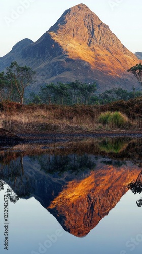 Majestic mountain reflection in tranquil water at sunrise in a remote landscape