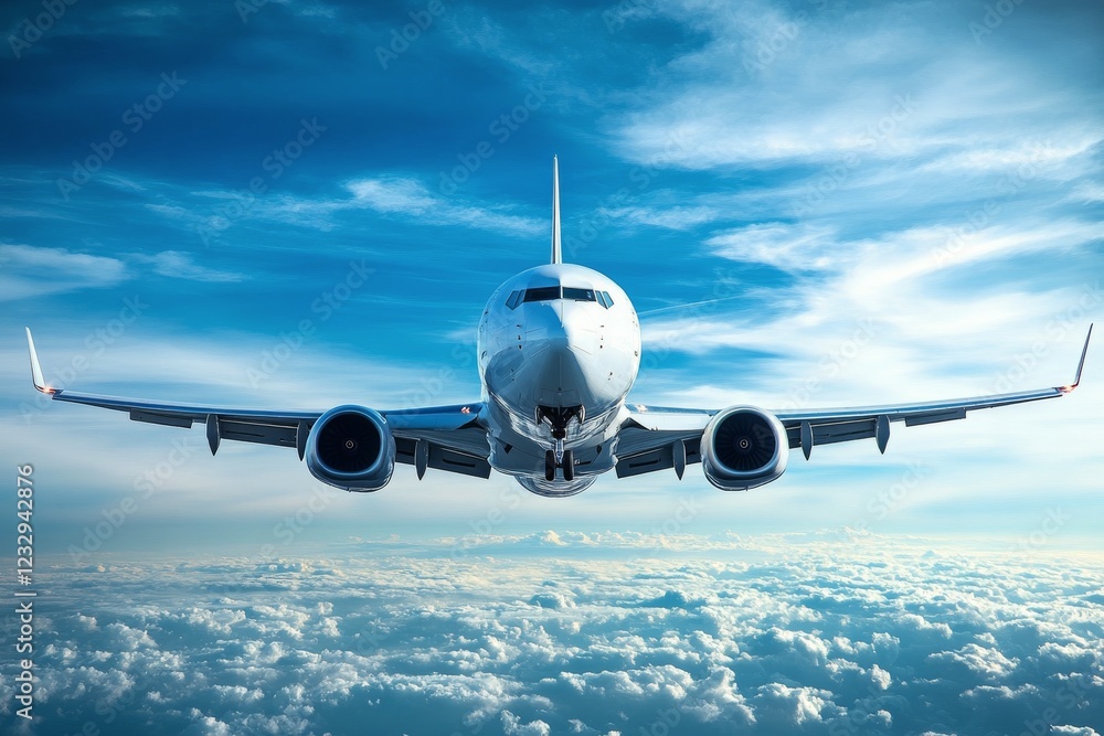 Obraz premium Airplane flying above clouds in bright blue sky during daytime