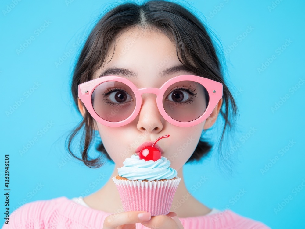 Obraz premium young woman with pink sunglasses and a cupcake