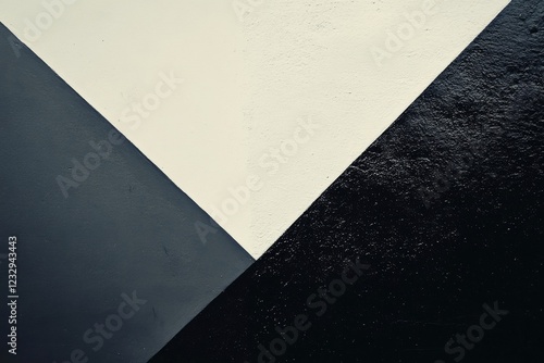 Bold geometric patterns of black and white intersecting on a textured wall su...