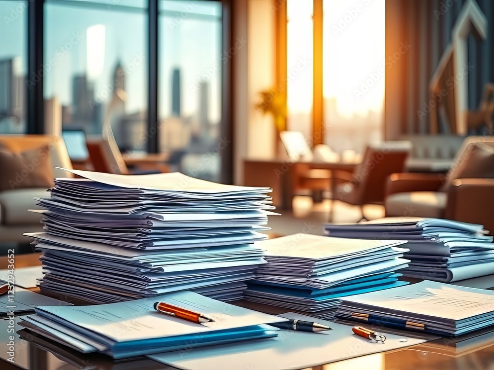 Vibrant Office Paperwork Stacks - AI Photo Vibrant Office Paperwork Stacks - AI Photo