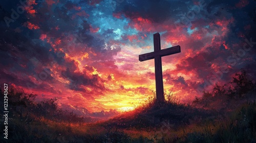Sunrise over misty hills with a wooden cross and rocks in the foreground