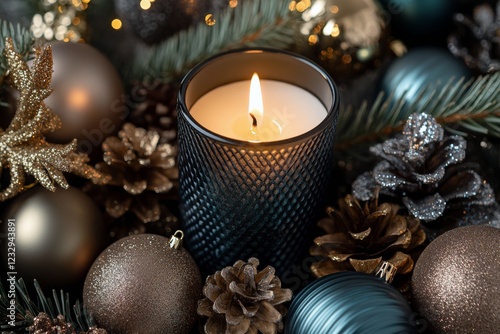 Beautiful holiday arrangement with candle and decorations set for festive cel...