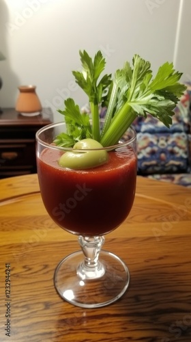Freshly made tomato juice with celery garnish surrounded by vegetables on a r...