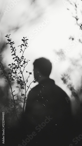 Silhouette of a person standing among foliage in a misty setting at dusk