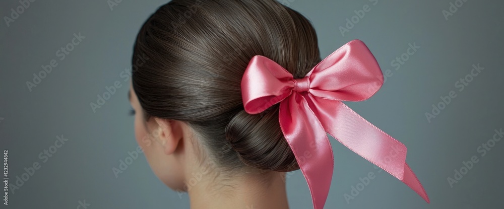 Naklejka premium Classic chignon bun with a pink satin ribbon for Valentine's Day