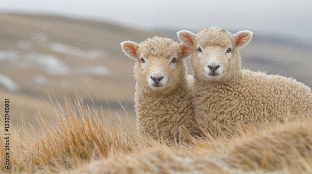 Obraz premium Twin lambs standing together in winter grassland looking at camera. Young sheep portrait showcasing farm animal companionship