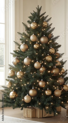 Beautifully decorated Christmas tree with golden ornaments and soft lights in...