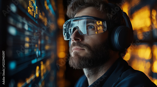 Wallpaper Mural White man wearing smart glasses with digital display reflection working with headphones in dark environment. Concept of cybersecurity and technology Torontodigital.ca