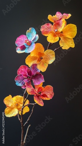 Colorful artificial flowers arranged on a decorative branch against a neutral...