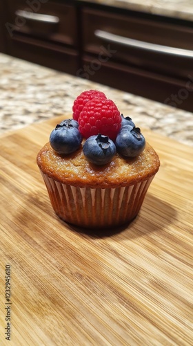 Freshly baked cupcake topped with blueberries and raspberries on a wooden cut...