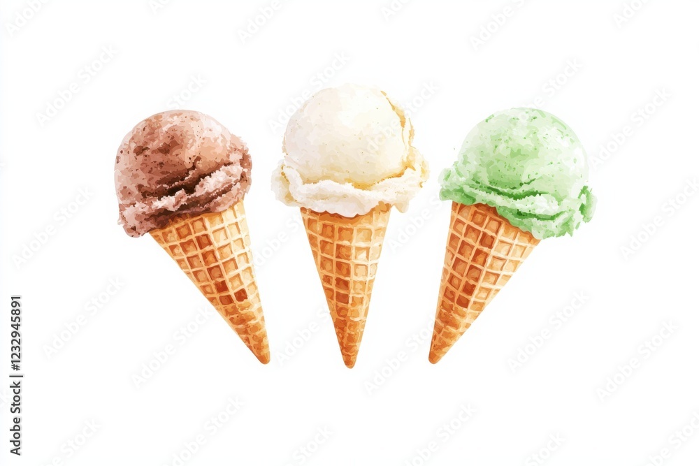 Refreshing watercolor ice cream cones summer vibes food art bright background vibrant colors indulgent treat, isolated on white background Refreshing watercolor ice cream cones summer vibes food art bright background vibrant colors indulgent treat, isolated on white background