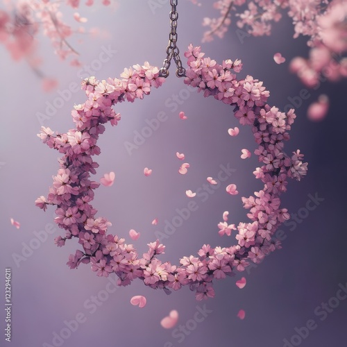 Enchanted floral wreath hanging in a dreamy and colorful setting during sprin...