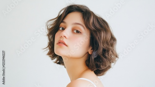 young woman with short brown wavy hair looking over her shoulder