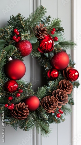 Beautiful holiday wreath adorned with red ornaments and pinecones on wooden b...