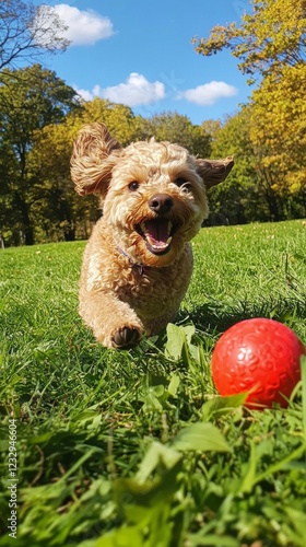 Excitable dog running in a grassy field while chasing a bright red ball