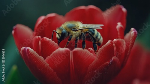 Close-up of a bee collecting nectar from a vibrant red flower in a serene gar...