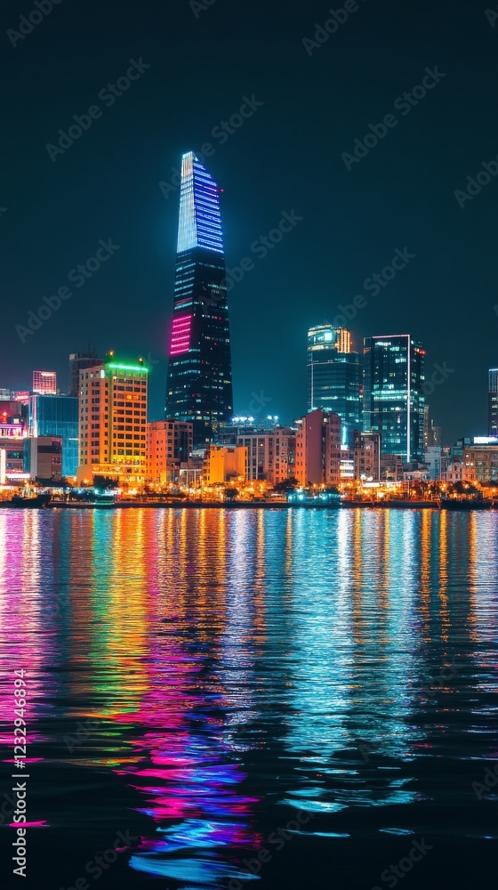 Fototapeta premium City skyline at night showcasing vibrant lights and reflections on water in Toronto