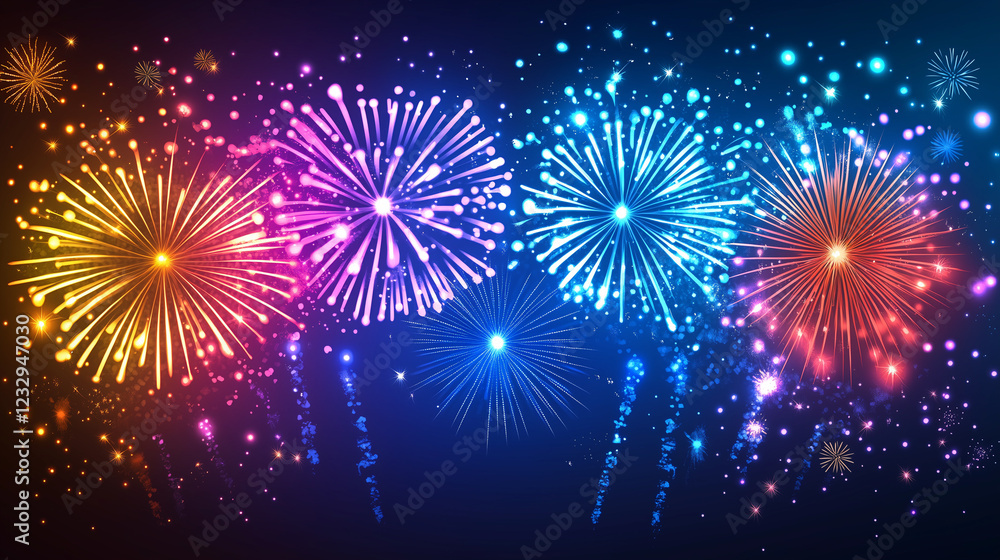 Naklejka premium Colorful fireworks exploding against dark sky, radiating brilliant sparks celebrating festive nighttime moments with vivid energy